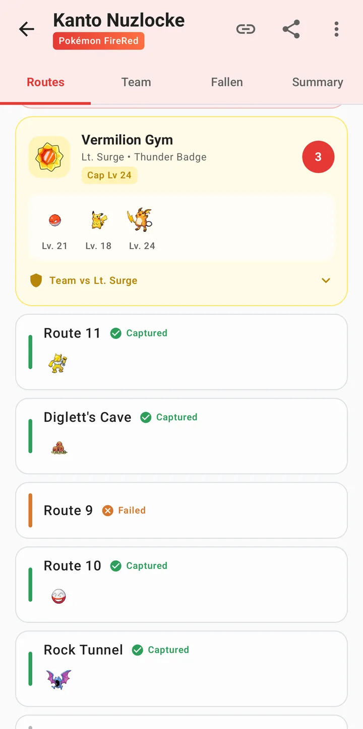FireRed routes with catches and the Vermilion City gym